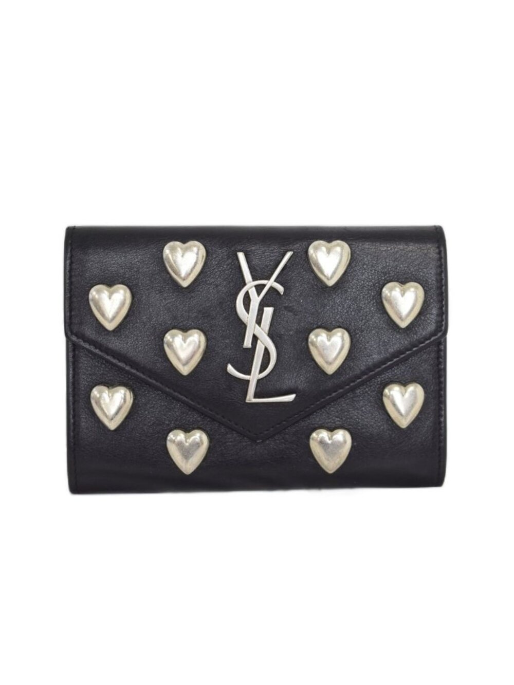 Saint Laurent Paris Heart Studs Cassandra Logo Card Case Business Leather Black